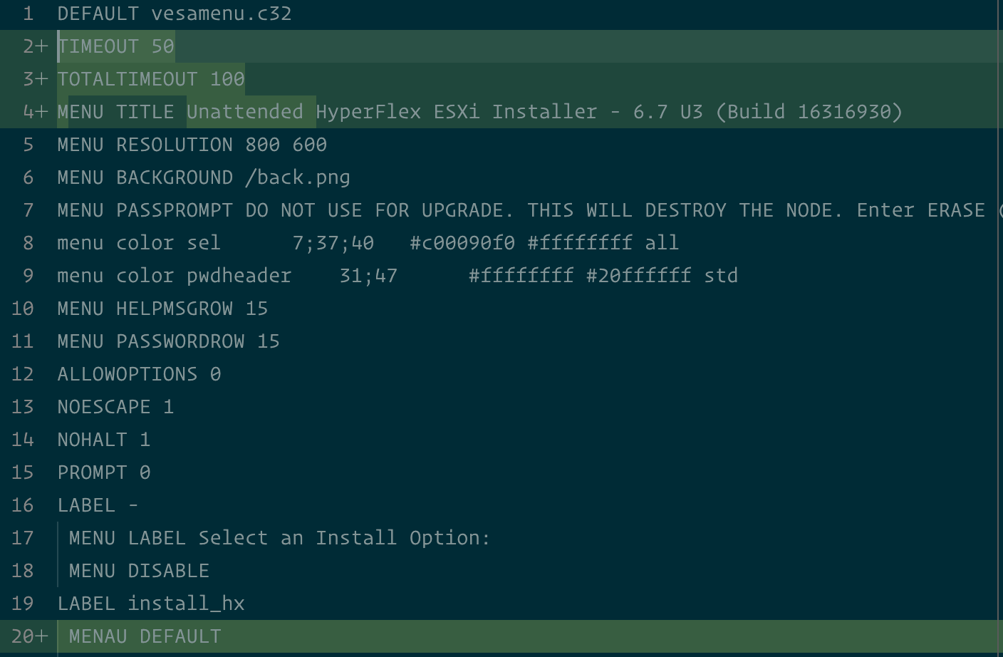 Custom ISOLINUX.CFG for unattended HX ESXi Installation