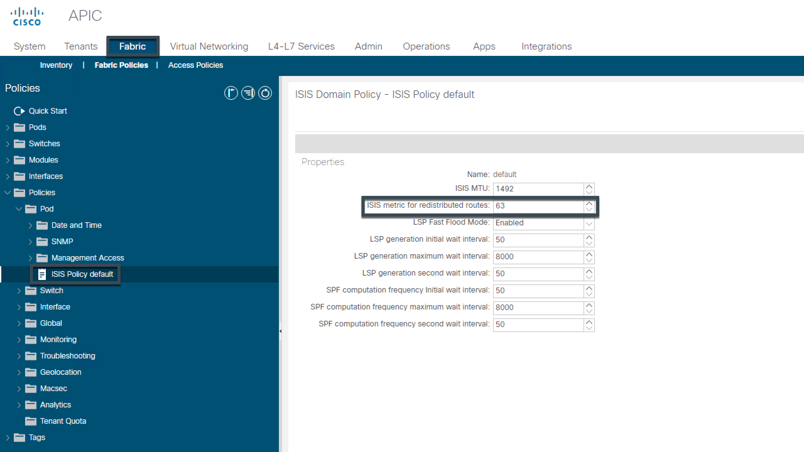 Change the ISIS Redistribution Metric in Cisco ACI Version lower than 5.0(1)